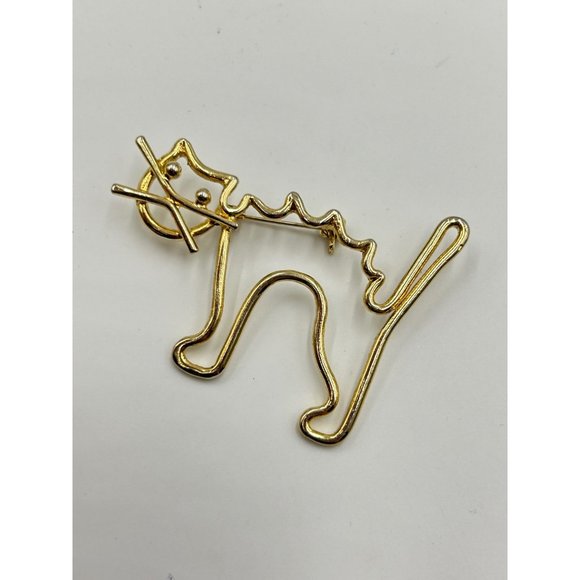 Vintage Spooky Cat Pin Brooch Gold Tone Outline Animal Figural Costume Jewelry - Picture 2 of 5